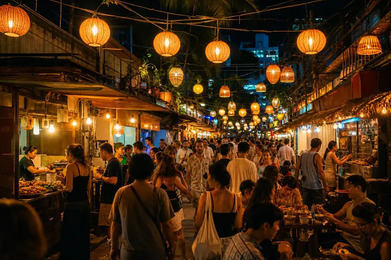 A lantern-lit tropical food lane in the evening