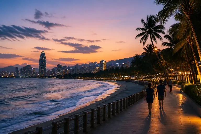 People walking along a seaside promenade at dusk