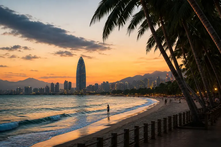 Sanya Bay shoreline and skyline at sunset