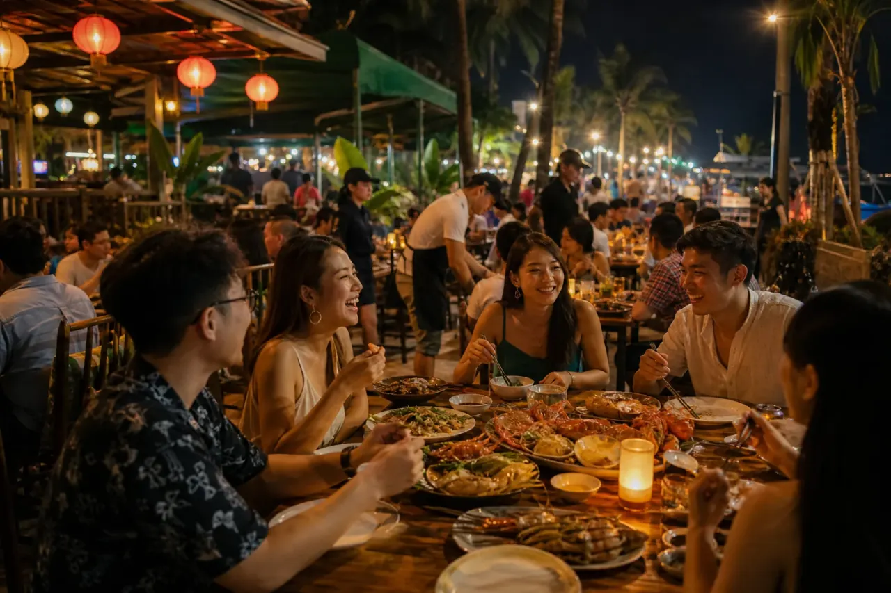 A seafood market at night