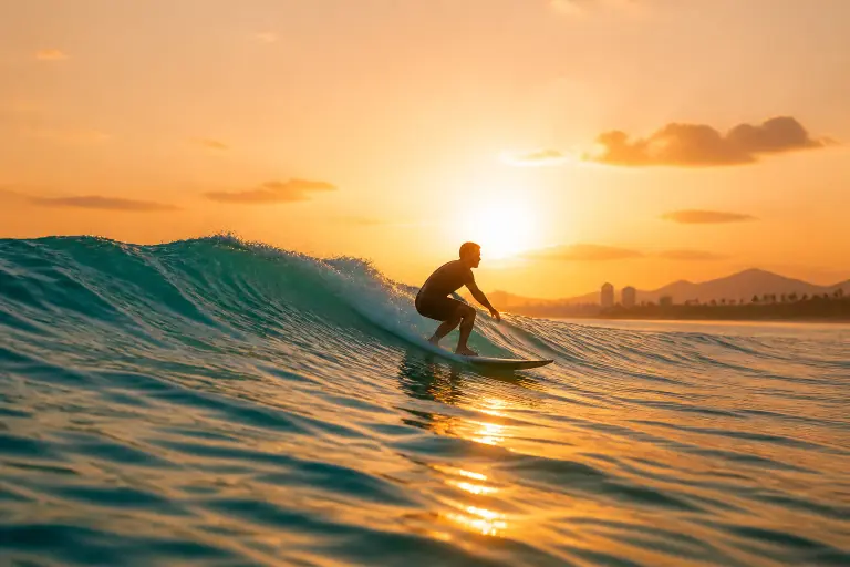 A surfer riding a small wave at sunset